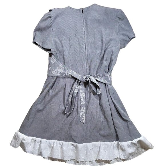 Vintage Gray and White Gingham Floral Lace Buttoned Faux Two Piece Dress Size 12 - Picture 2 of 6